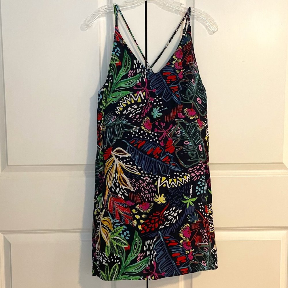 Topshop Floral/Tropical Summer Dress (Size 2, Black/Navy w/ Multicolor Print)